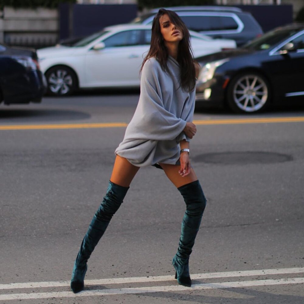 Beautiisoles by Robyn Shreiber Marilia Thigh High Green Floral Velvet Boots